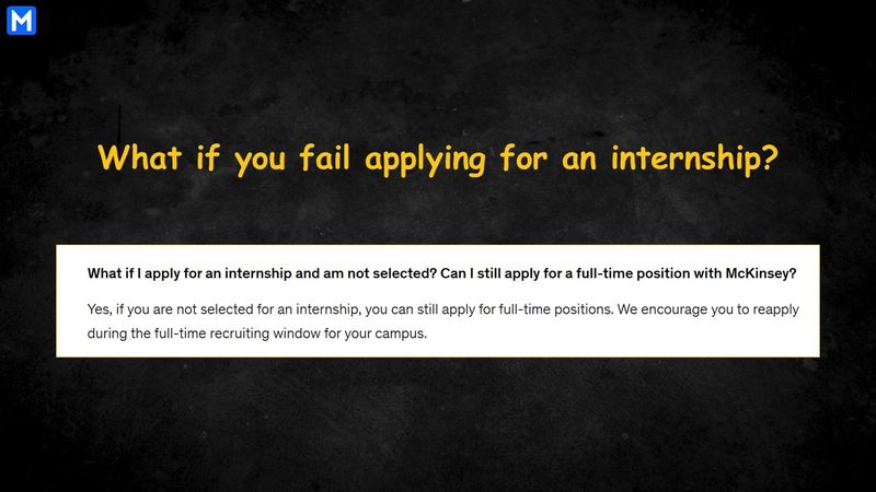 The quote on McKinsey’s website answering what if you fail applying for an internship