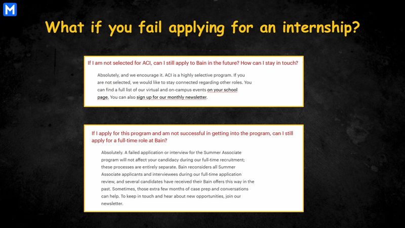 The quotes on Bain’s website answering what if you fail applying for an internship