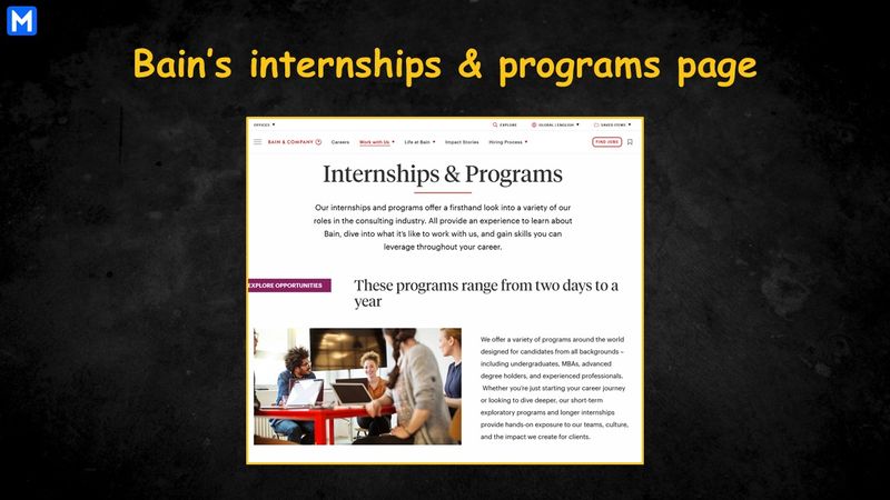 Screenshot of Bain’s internship and programs page