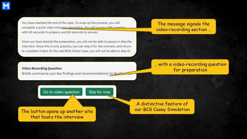 Yellow annotations  mark video-recording phase, video question prompt, and buttons: “Go to video question” and “Skip for now” 