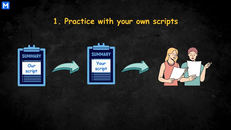 Infographic displaying 2 steps when practicing a script: make your own script and practice it