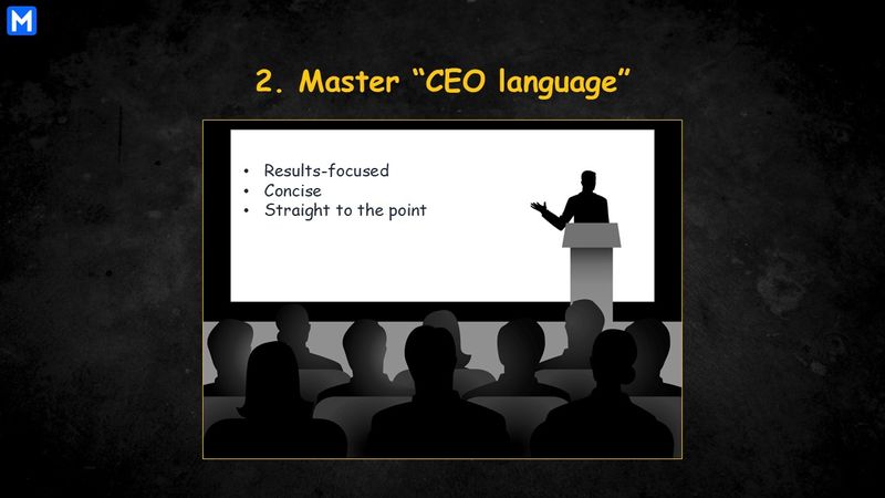 Silhouette of a person presenting to an audience, with a screen displaying "Results-focused," "Concise," and "Straight to the point"