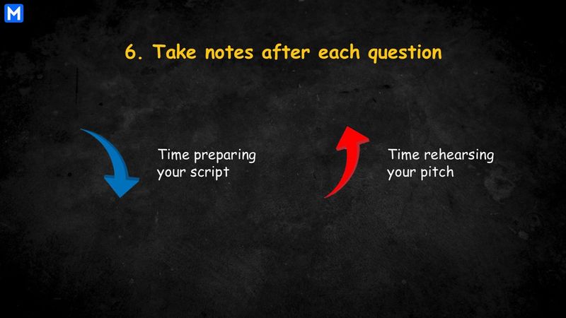 Infographic displaying a blue arrow points down to "Time preparing your script" and a red arrow points up to "Time rehearsing your pitch."